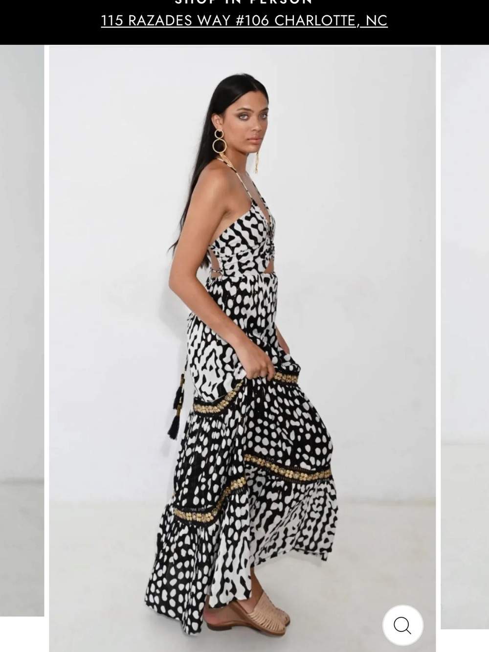 Black & White Printed Maxi Dress with Gold Trim Accents cute vacation dress